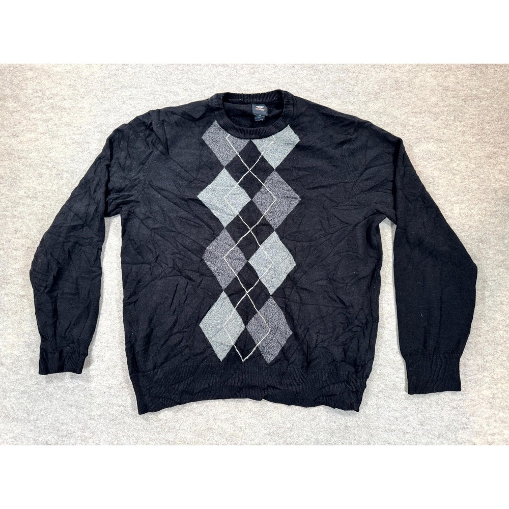 VTG Dockers Pullover Sweater Men Large Black Knit Argyle Diamond Print Crewneck